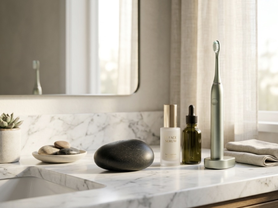 Smart Rock on a bathroom counter