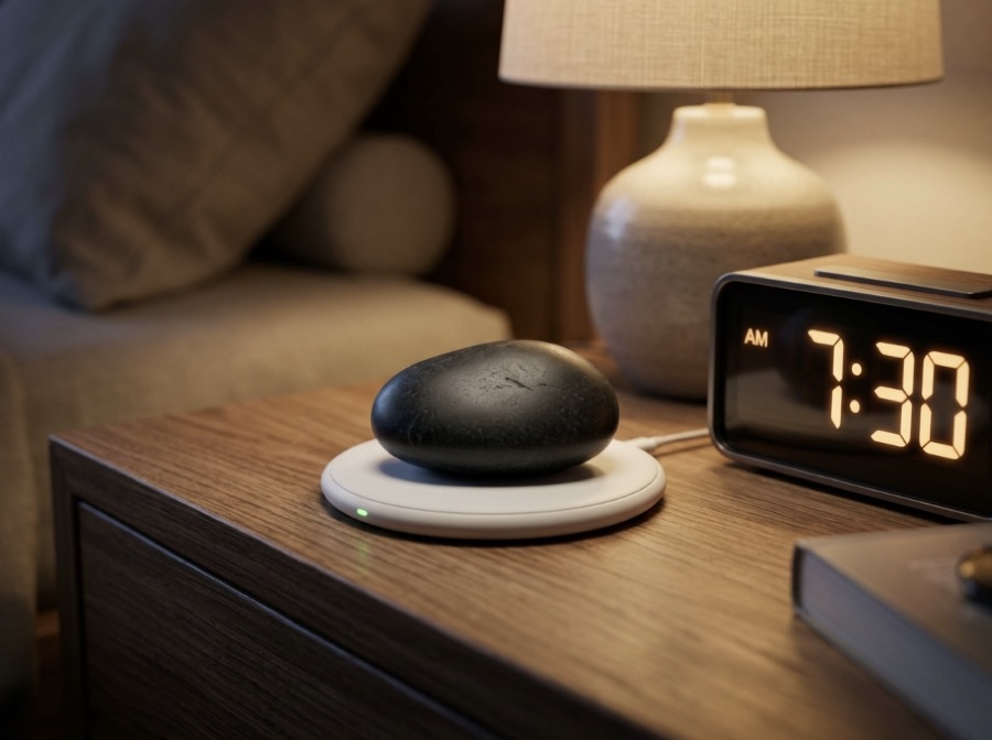 Smart Rock on a bedside charging pad