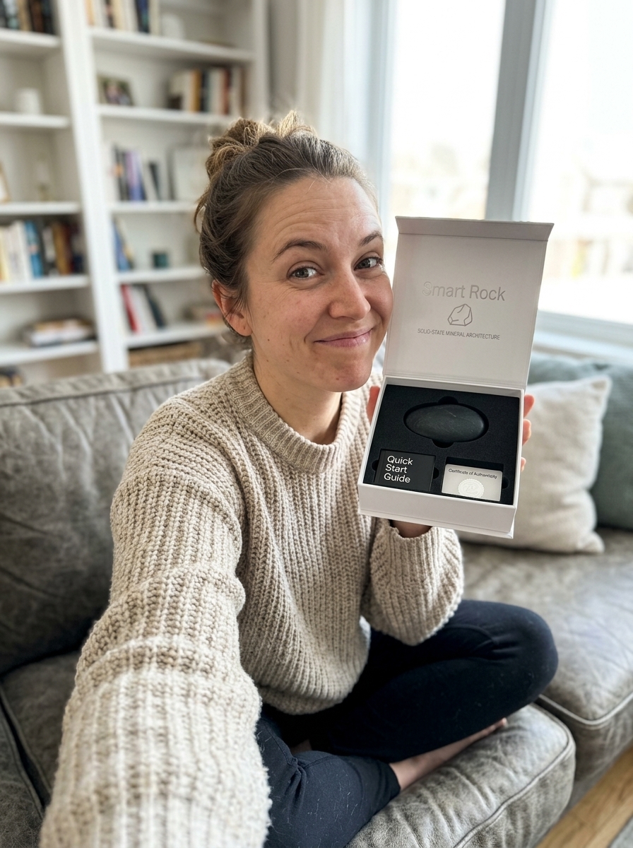 Customer with Smart Rock on couch